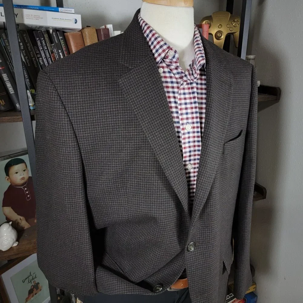 Chaps Men's Tweed Sport Coat Blazer Two Button Twill Houndstooth Brown Wool 46R‎
